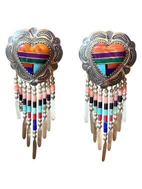 Vintage Handcrafted QT Sterling Inlaid Turquoise Multi Gemstone Pierced Earrings